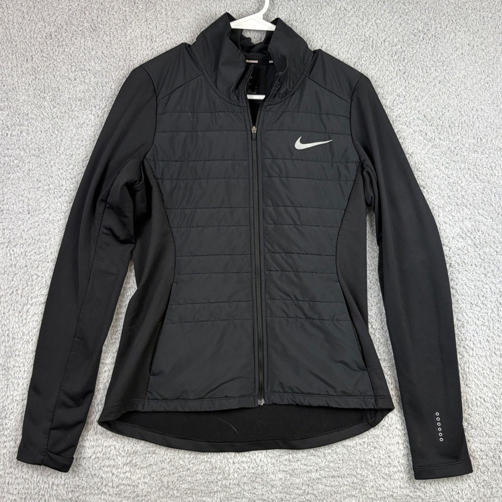 Nike Running Jacket Womens Small Black Aerolayer Quilted Hybrid Full Zip Puffer